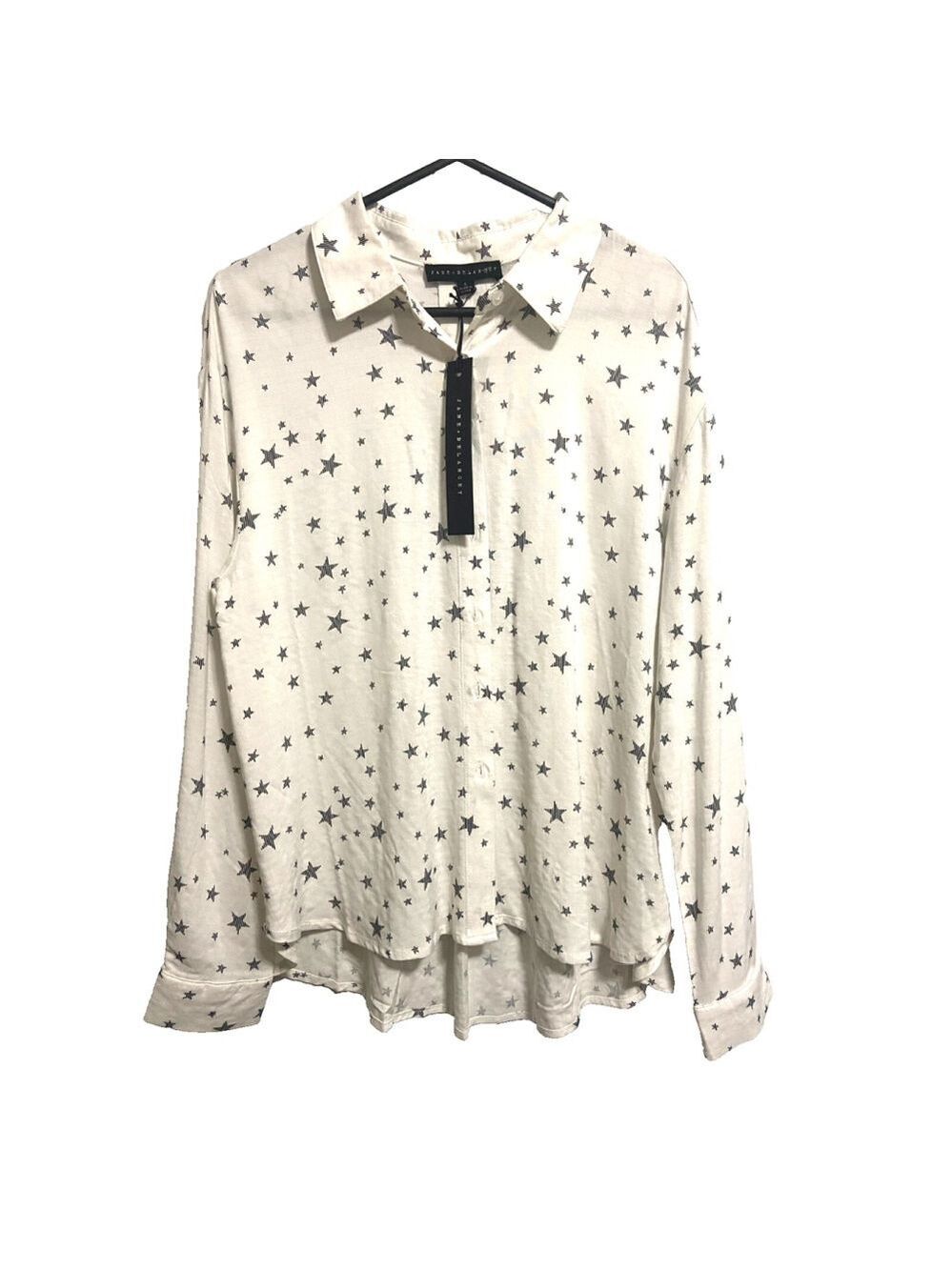 Jane & Delancey White Shirt Black Stars Print Long Sleeve Blouse Size Small